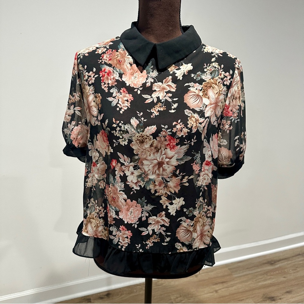 Cozy Casual Black Floral Blouse with Collar